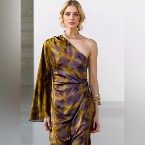 NWT ZARA Satin brown printed asymmetrical dress